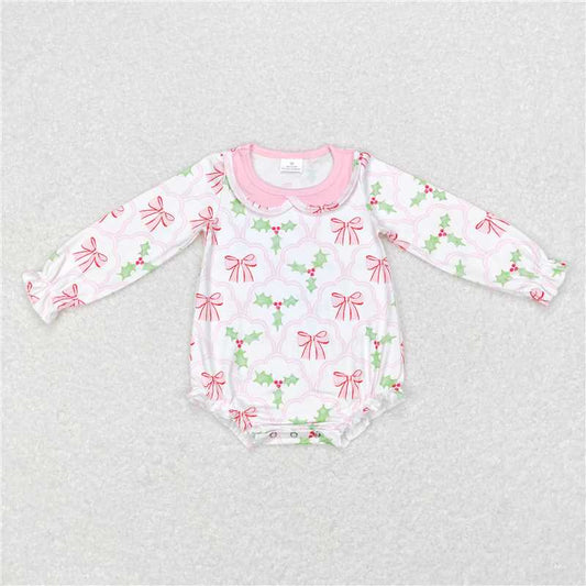 LR0577Pink bow long sleeves baby girls Christmas romper