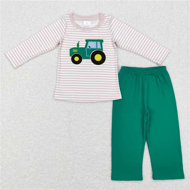 BLP0401Stripe tractor top green pants kids boy outfits