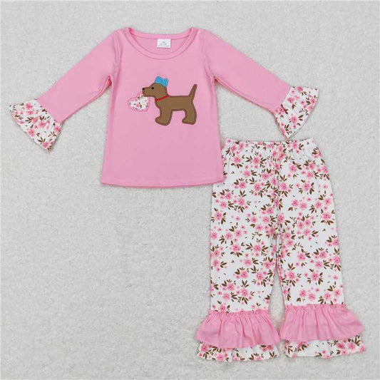 GLP0937 Pink dog heart top floral pants girls valentine's outfits