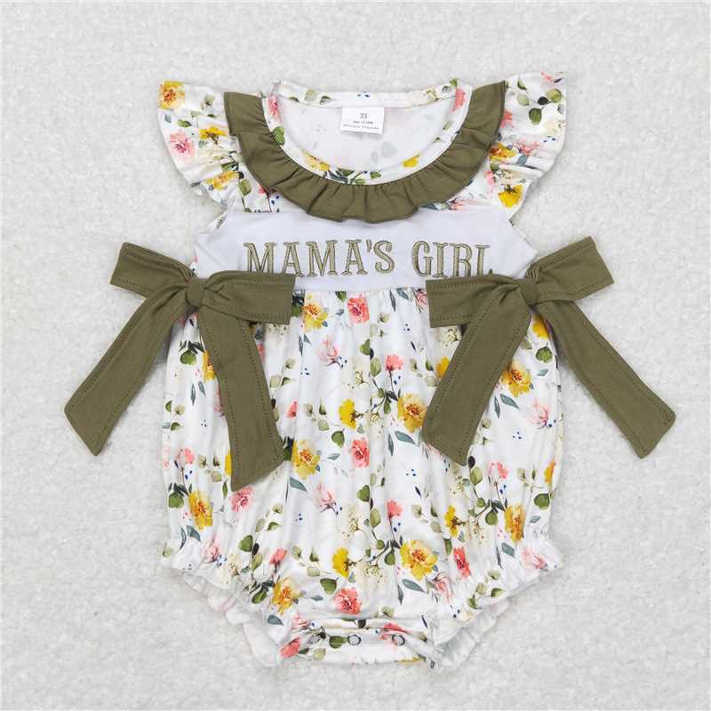 SR0478   Baby Infant Mama's Girl Green Floral Bows Rompers