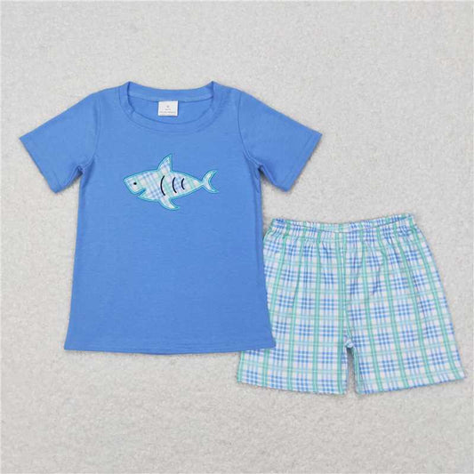 BSSO0284 Baby Boys Blue Shark Short Sleeve Top Shorts Clothing Sets