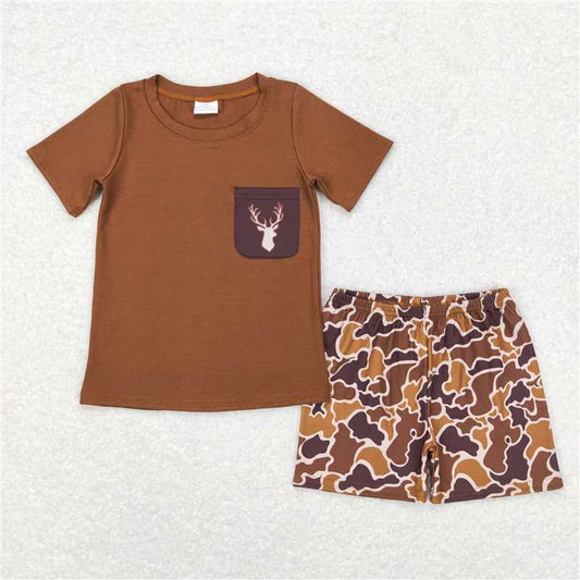BSSO0302 Baby Boys Brown Camo Deer Pocket Shirt Shorts Clothes Sets