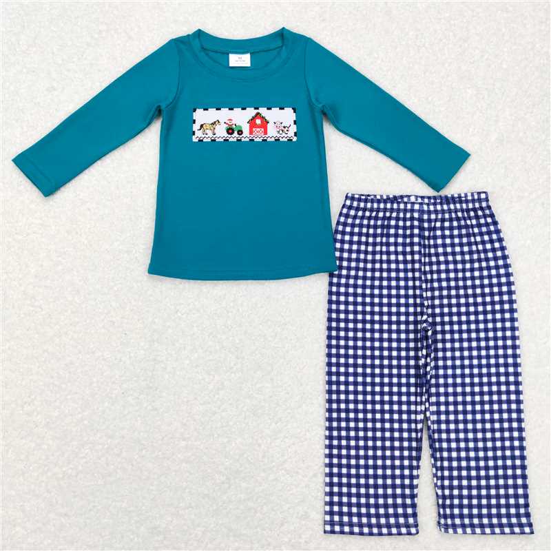 11.14 RTS NO MOQ （In stock）Matching BLP0398 Baby Boys Green Gingham Farm Tunic Top Pants Clothes Sets