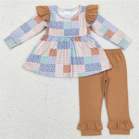 GLP0910Patchwork tunic khaki leggings girls clothing set