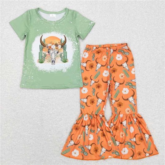 GSPO0990 Alpine Bullhead Cactus Flower Orange Green Short Sleeve Pants Set