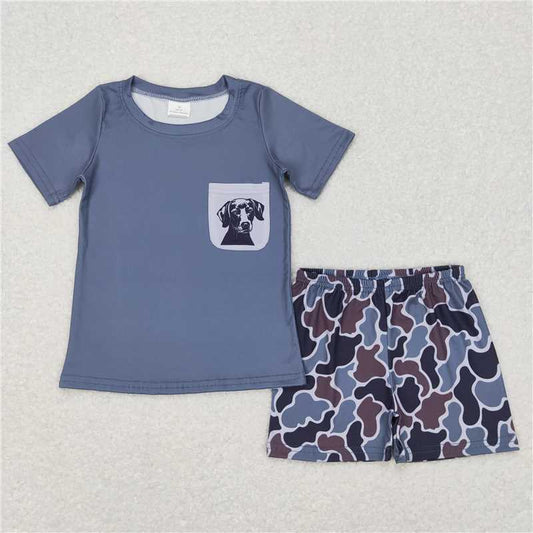 BSSO0304 Baby Boys Camo Dog Pocket Shirt Shorts Clothes Sets