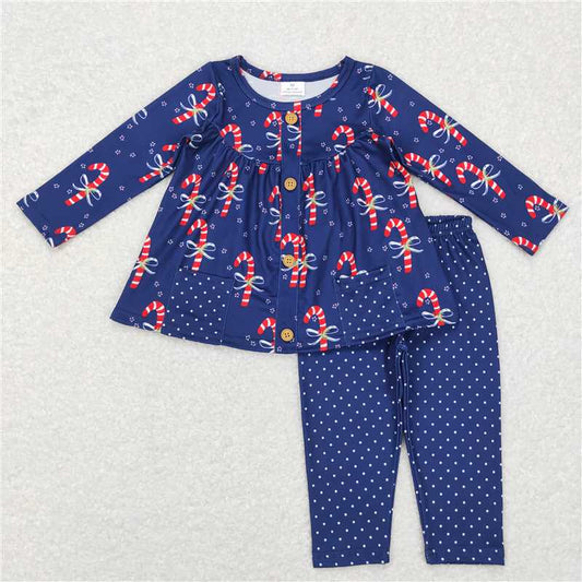 GLP0992 Candy Cane Pocket Polka Dot Navy Blue Pants Set