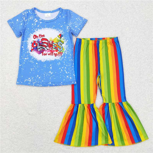 GSPO0924 Girls Places Dr Seuss blue short sleeve colorful striped pant suit