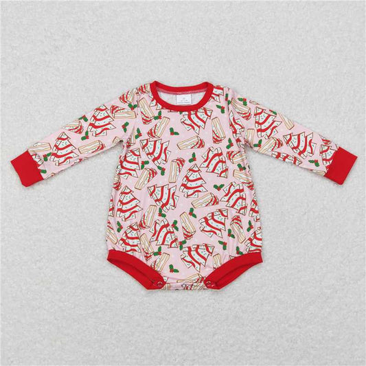 12.2 RTS NO MOQ （In stock）LR0284 Baby Girls Christmas Tree Cake Pink Red Rompers