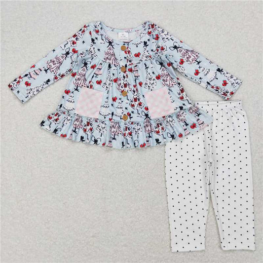 GLP0988 Bow Christmas tree pocket light green long sleeve polka dot white trousers suit