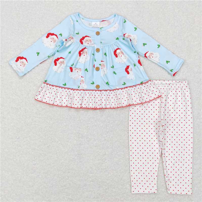 GLP0976 Santa Claus Pocket Button Long Sleeve Polka Dot White Pants Set