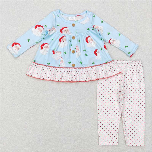 GLP0976 Santa Claus Pocket Button Long Sleeve Polka Dot White Pants Set