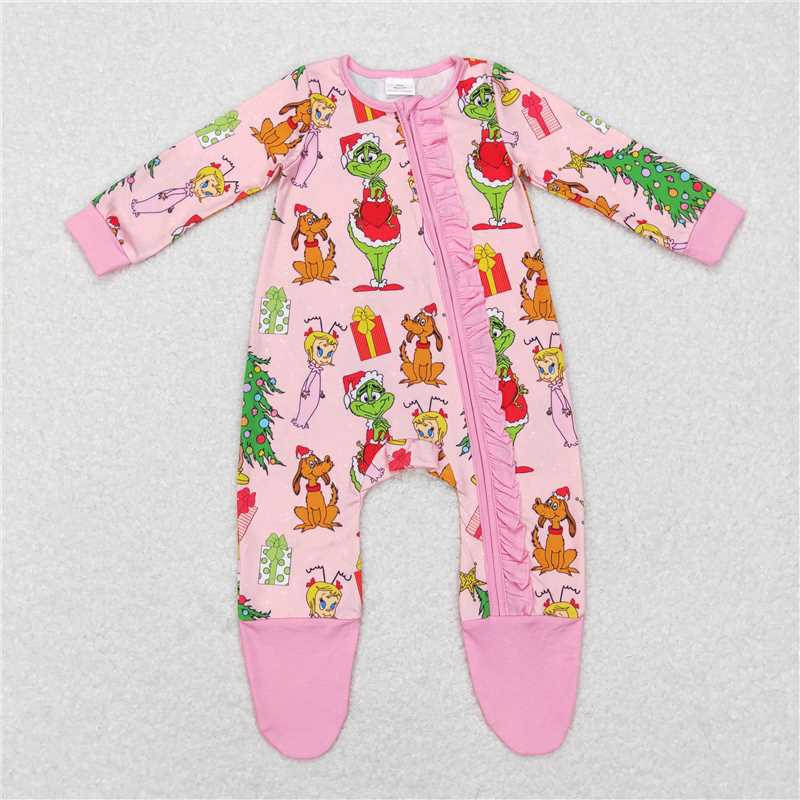 11.11 RTS NO MOQ （In stock）Matching Christmas LR0806 Baby Girls Christmas Pink Frog Long Sleeve Zip Rompers