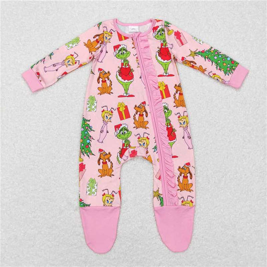 11.11 RTS NO MOQ （In stock）Matching Christmas LR0806 Baby Girls Christmas Pink Frog Long Sleeve Zip Rompers