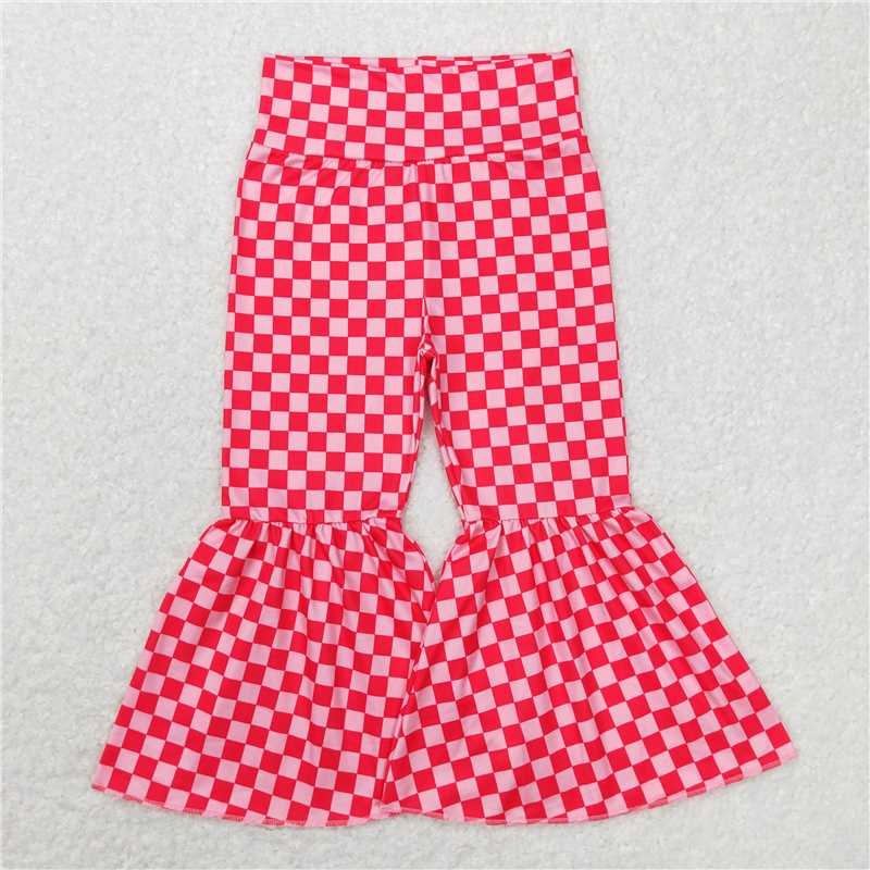 P0340  Baby Girls Pink Checkered Valentines Bell Bottom Pants