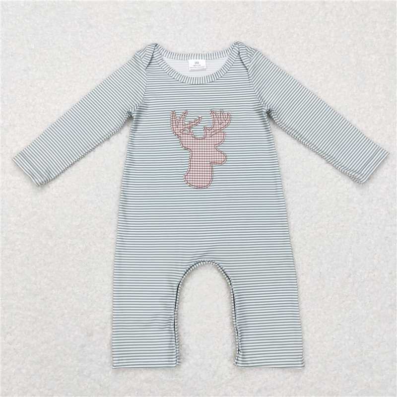 RTS LR0694 Embroidered reindeer green striped long-sleeved jumpsuit