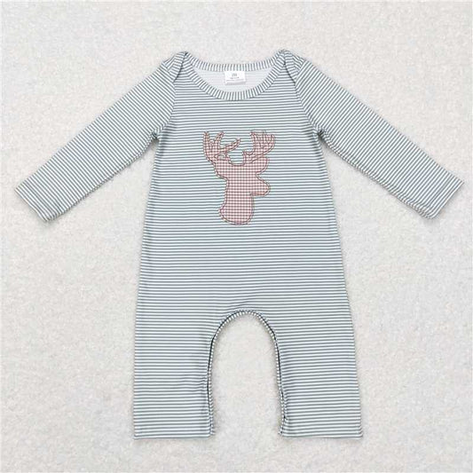 RTS LR0694 Embroidered reindeer green striped long-sleeved jumpsuit