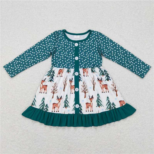 GLD0429 RTS NO MOQ Baby Girls Winter Dress  Baby Girls Christmas Tree Deer Long Sleeve Ruffle Dresses