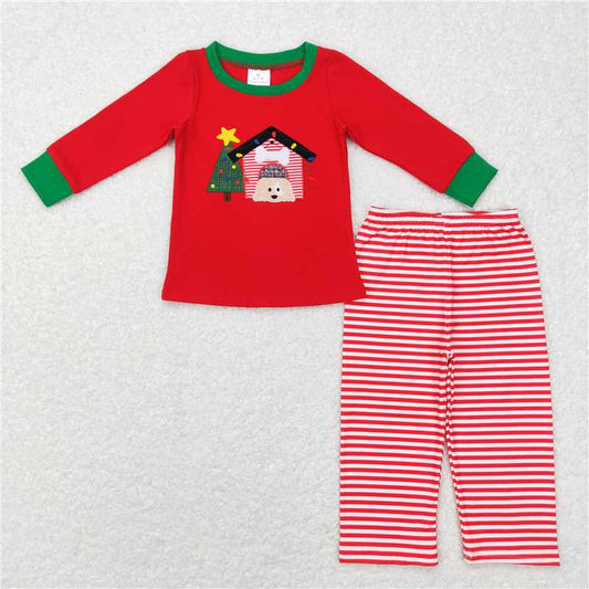 BLP0331Dog Christmas tree house kids boy stripe outfits