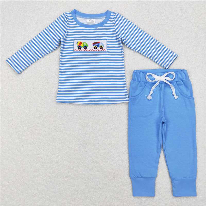 BLP0393Blue stripe constructions top pants boy clothing set