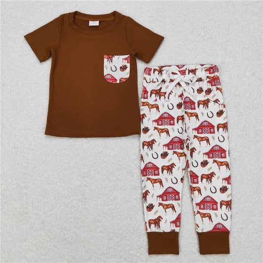 BSPO0207 Brown pocket horse farm top pants boy clothing set
