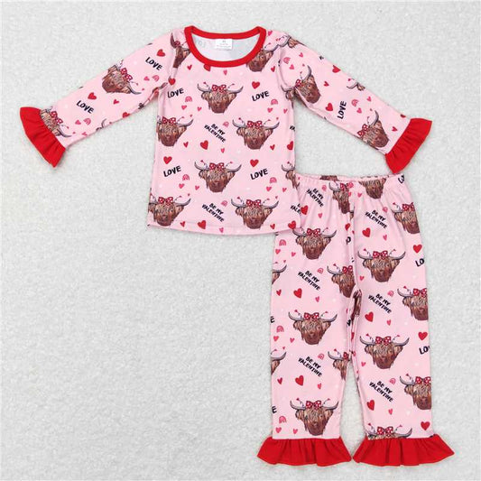 GLP0998 Be my valentine highland cow heart love girls pajamas