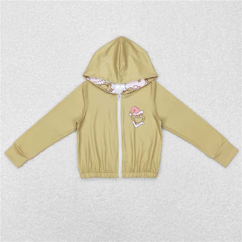 GT0339  Baby Girls Green Christmas Frog Hooded Zip Tops