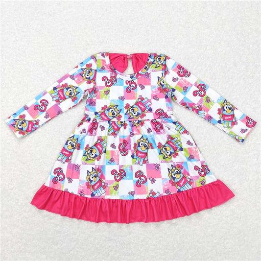 GLD0477  Baby Girls Long Sleeve Dog Pink Ruffle Dresses