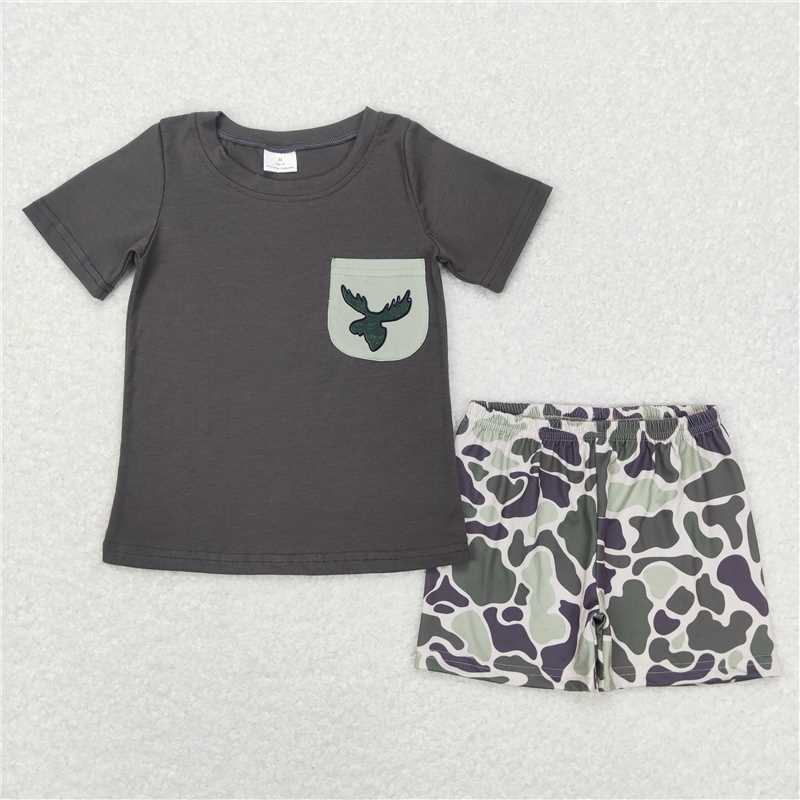 BSSO0303  Baby Boys Camo Deer Pocket Shirt Shorts Clothes Sets