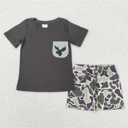 BSSO0303  Baby Boys Camo Deer Pocket Shirt Shorts Clothes Sets