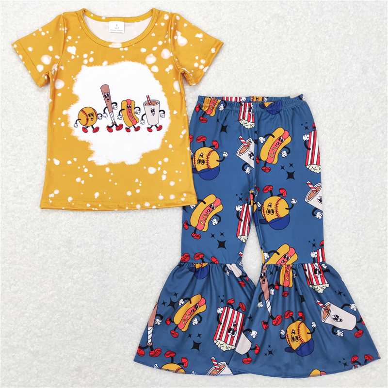 GSPO0965 Cartoon baseball yellow short-sleeved blue trousers suit