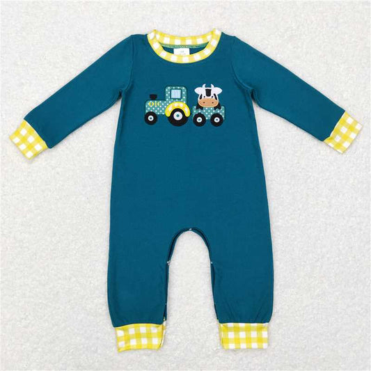RTS LR0377 Embroidered cow tractor yellow plaid green long-sleeved jumpsuit