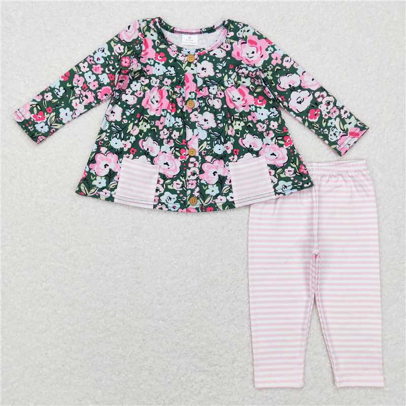 GLP0994Green floral poket tunic pink stripe leggings girls clothes