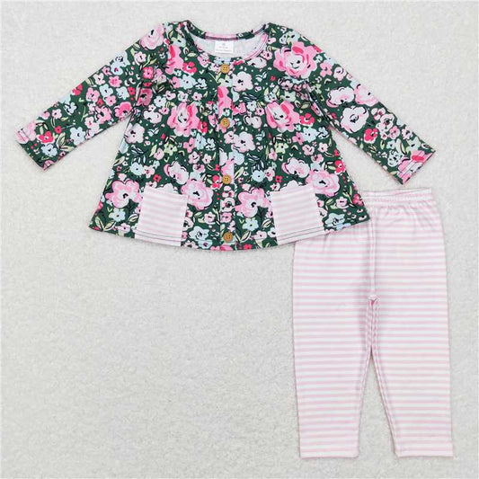 GLP0994Green floral poket tunic pink stripe leggings girls clothes