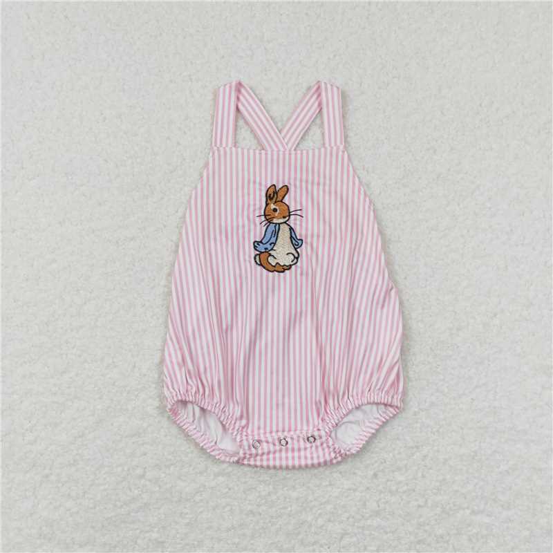 SR0462 Embroidery Baby Infant Girls Easter Bunny Straps Spring Rompers
