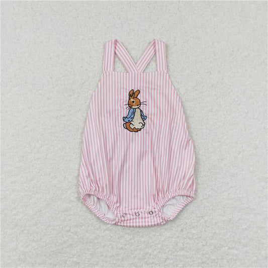 SR0462 Embroidery Baby Infant Girls Easter Bunny Straps Spring Rompers