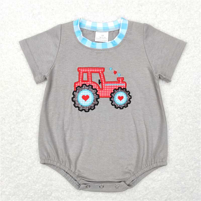SR0488 Baby Infant Boys Valentines Tractor Hearts Short Sleeve Rompers