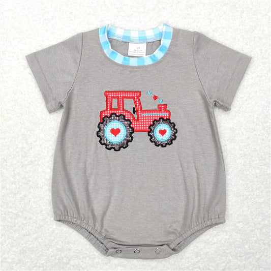 SR0488 Baby Infant Boys Valentines Tractor Hearts Short Sleeve Rompers
