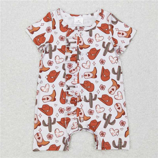 SR0522 Short sleeves boots cactus heart flower western baby romper