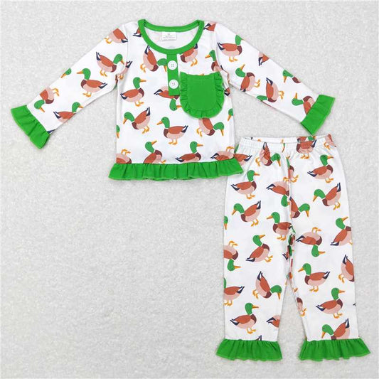 GLP1016Green long sleeves duck pocket ruffle baby girls pajamas