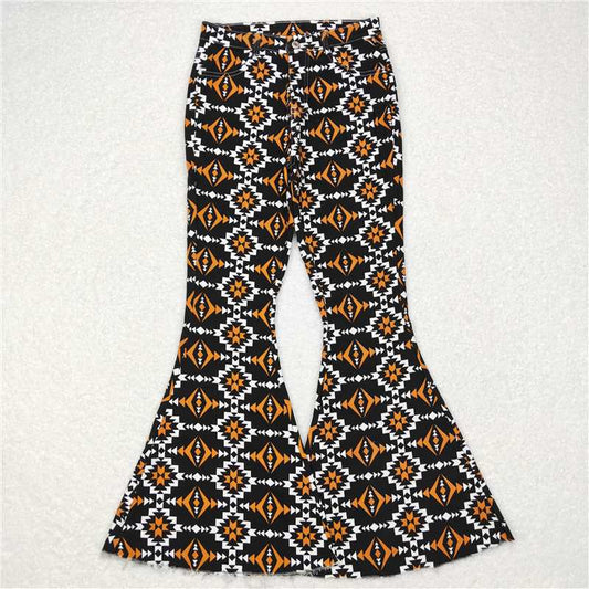 P0298  Adult Women Orange Black Aztec Denim Bell Pants Jeans