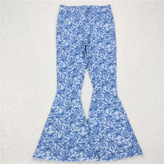P0297 Adult Women Blue Floral Denim Bell Pants Jeans