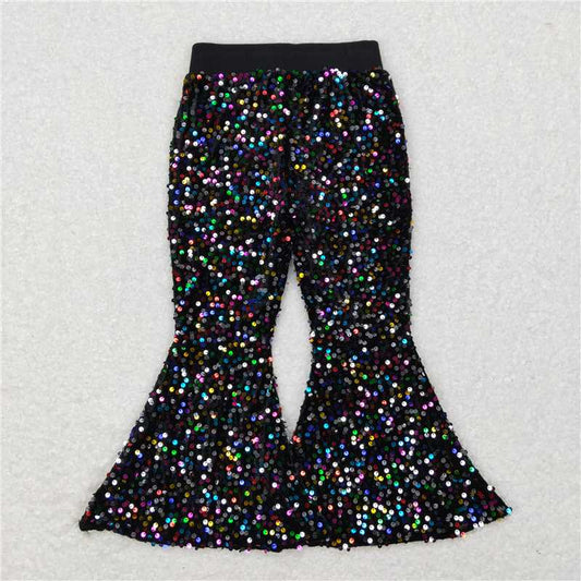 P0329  Baby Girls Black Colorful Sequin Party Bell Bottom Pants