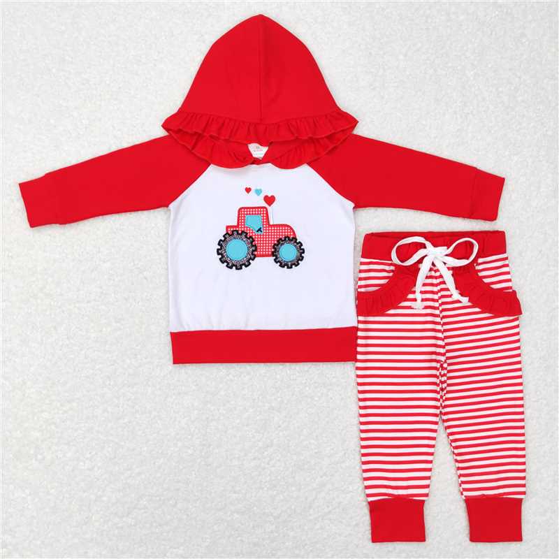 GLP0913 Baby Girls Red Tractor Hearts Hooded Top Stripes Pants Clothing Sets