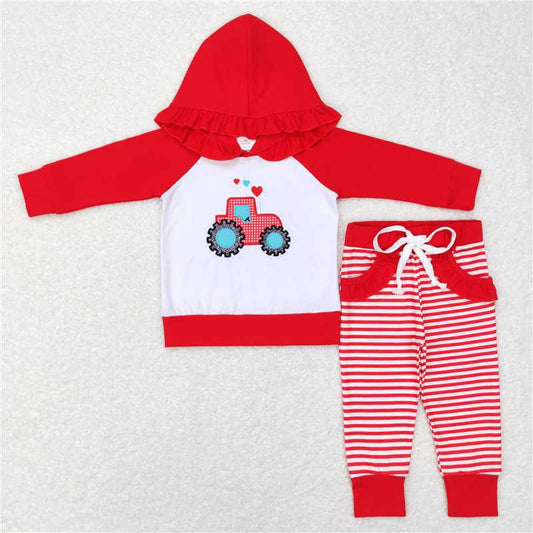 GLP0913 Baby Girls Red Tractor Hearts Hooded Top Stripes Pants Clothing Sets