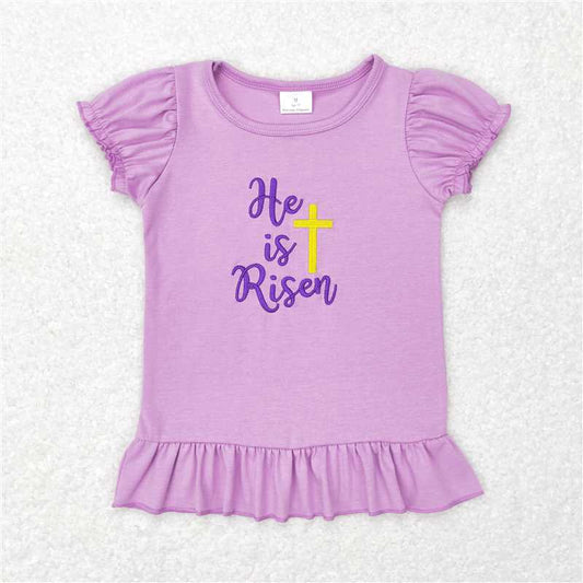 GT0393 Lavender he is risen embroidery short sleeves he is risen cross girls easter shirt