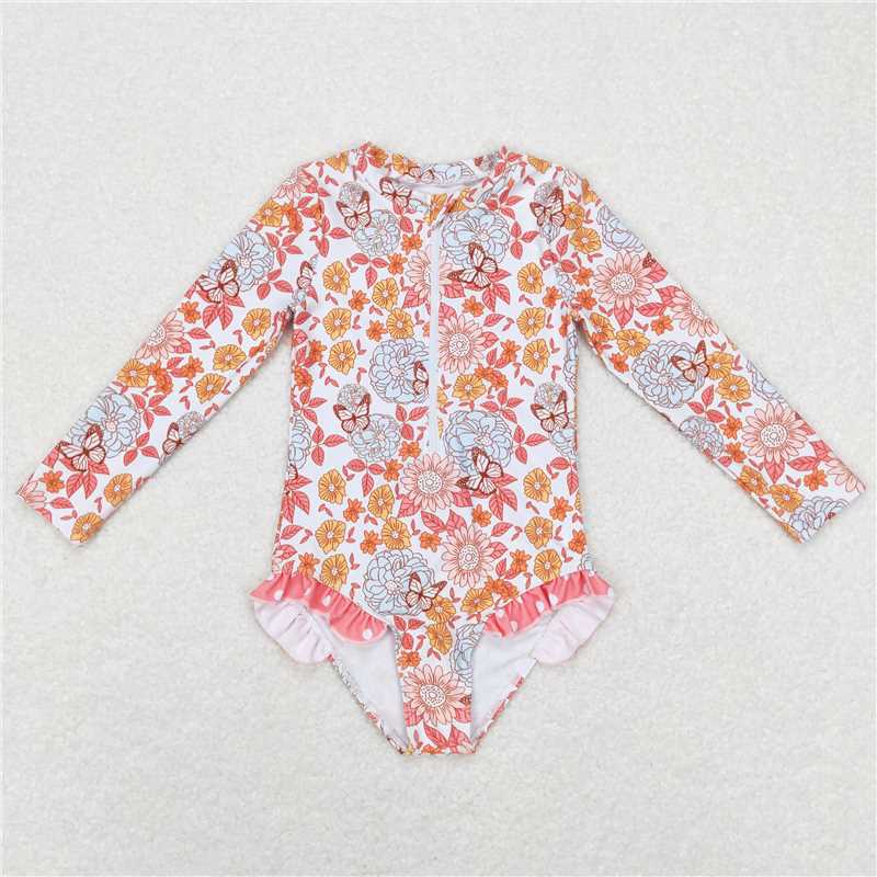 S0184  Baby Girls Summer Long Sleeve Flowers One Pieces Swimsuits