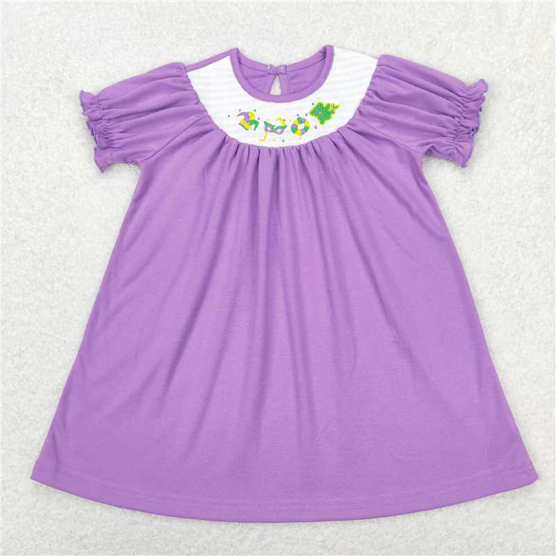 GSD0502 Embroidery Purple plaid short sleeves smocked girls mardi gras dress