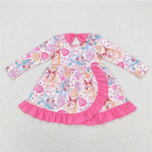 GLD0497  Baby Girls Valentines Dogs Ruffle Knee Length Dresses