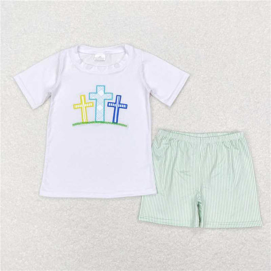 BSSO0337 Baby Boys embroidery Easter Cross Green Shirts Shorts Clothes Sets